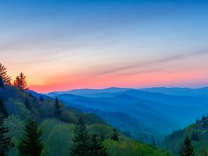 Misty Rolling Mountain Range Just Before Sunrise at Great Smoky Mountains National Park, North Carolina