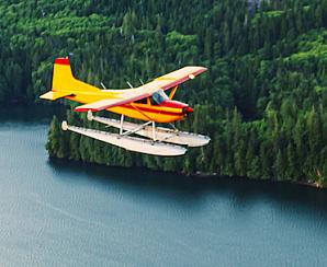 A float plane flies over coastal Alaska