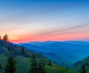Misty Rolling Mountain Range Just Before Sunrise at Great Smoky Mountains National Park, North Carolina